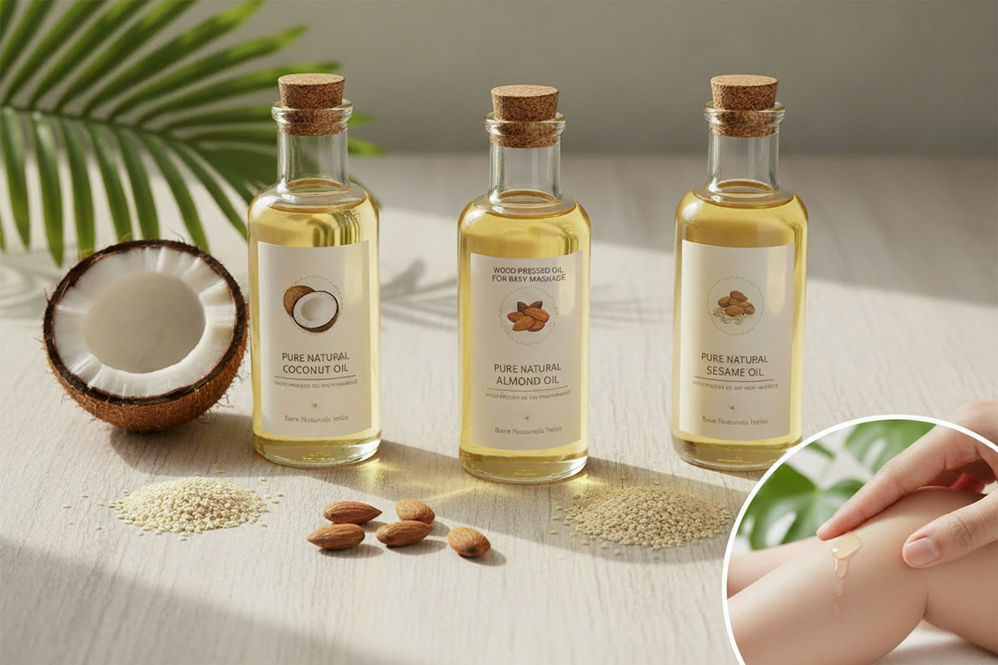 Wood pressed oil for baby massage – pure natural coconut almond and sesame oil by Bare Naturals India