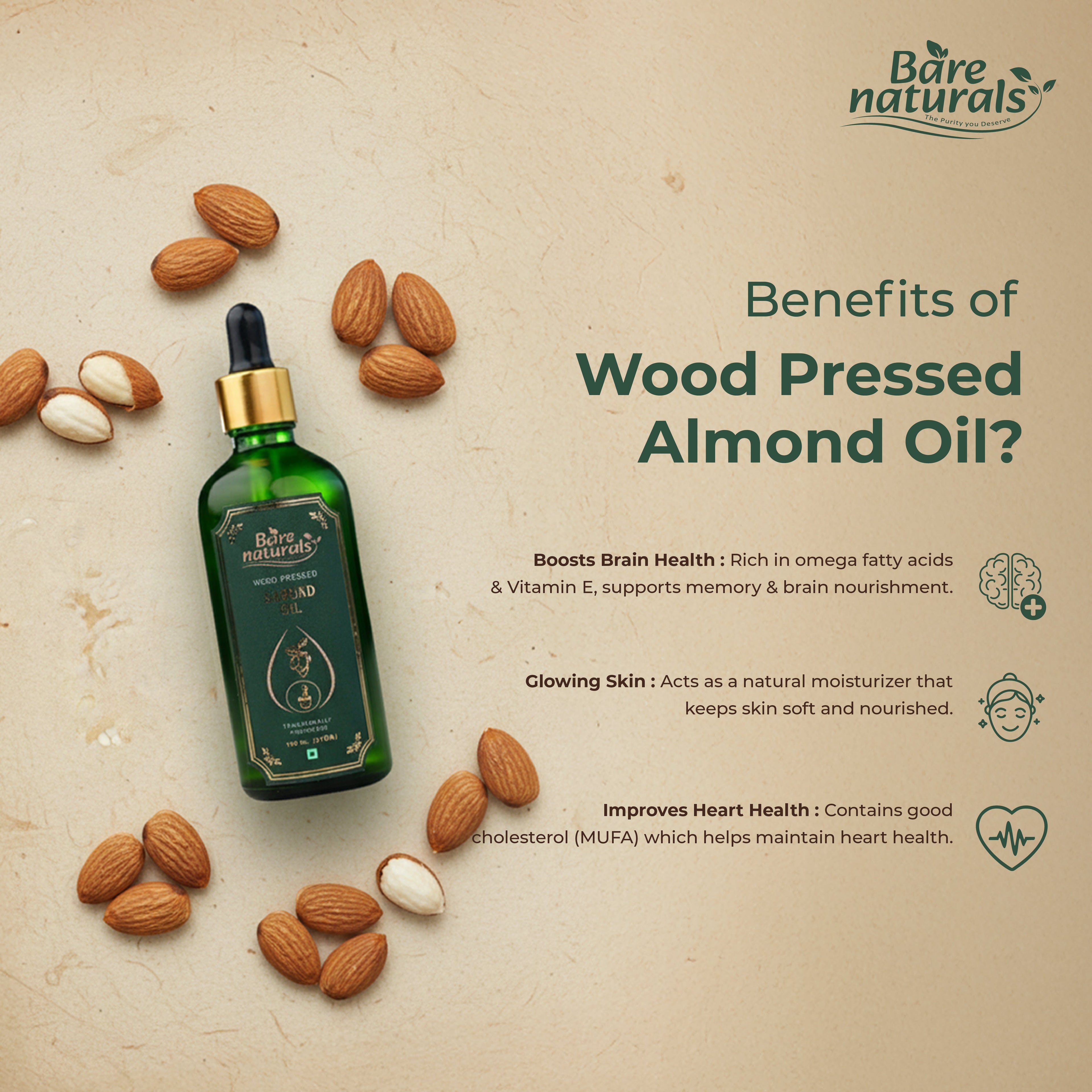 Pure wood pressed almond oil bottle with natural almonds for health, skin, and hair benefits